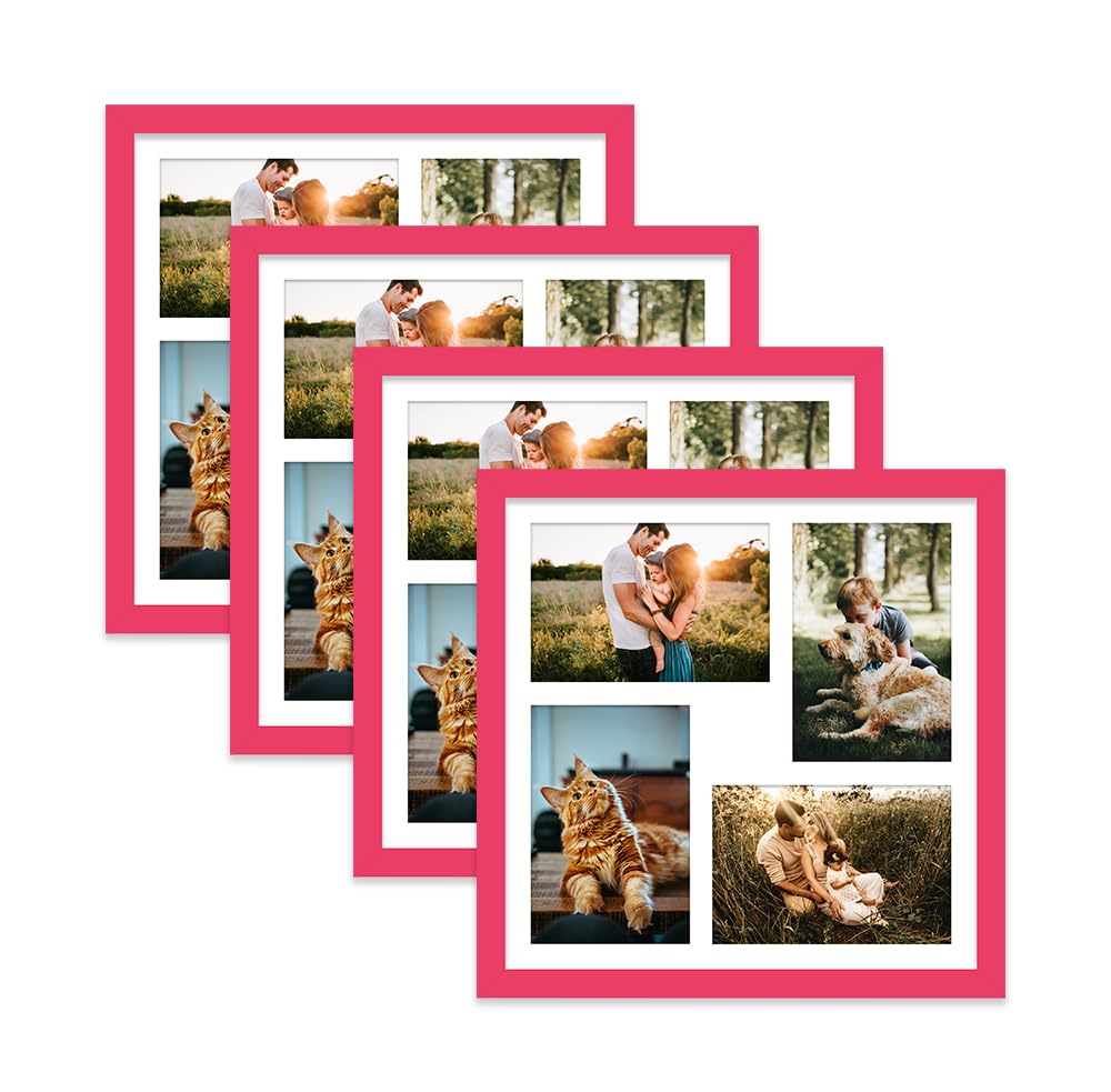 Bright Pink Multi Photo Frame - Holds 4 x 6x4 Pictures, Family Collage Picture Frame for Wall Display, 12x12 Frame size, Set of 4