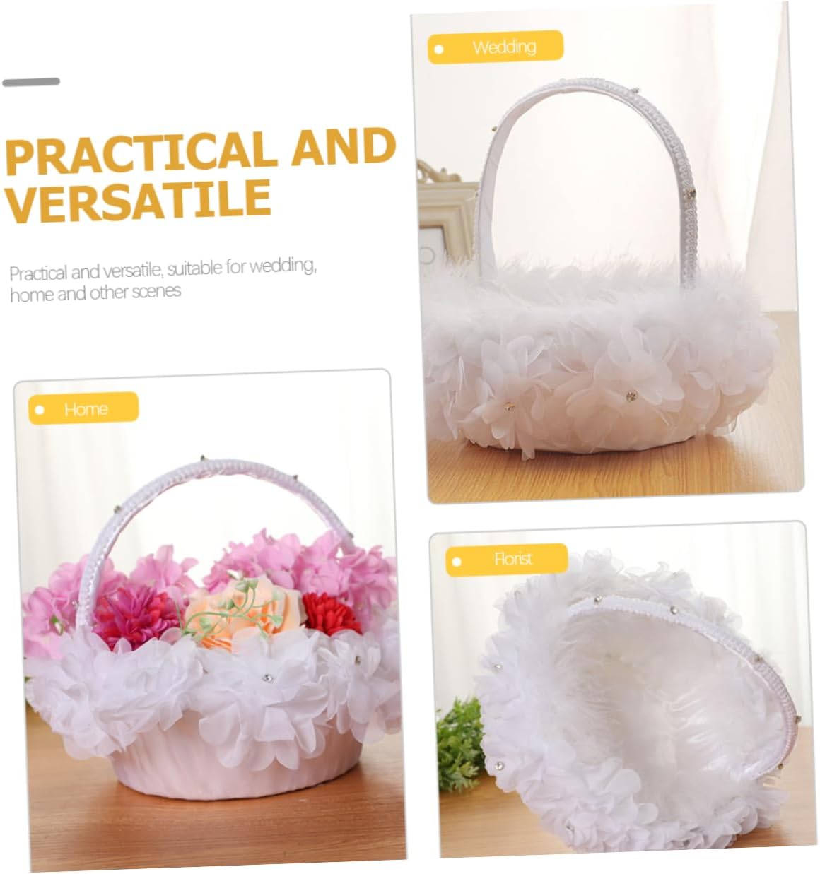 Operitacx Wedding Flower Basket with Lace White Floral Design Party Supplies Floral Basket for Flower Girl with Handle Elegant Ceremony Decoration