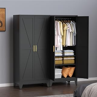 Metal Armoire Wardrobe Closet, 71" Bedroom Wardrobe Closet with Doors and Hanging Rod, Clothing Storage Cabinet with 2 Adjustable Shelves, for Laundry Room, Bedroom, Office(Black)