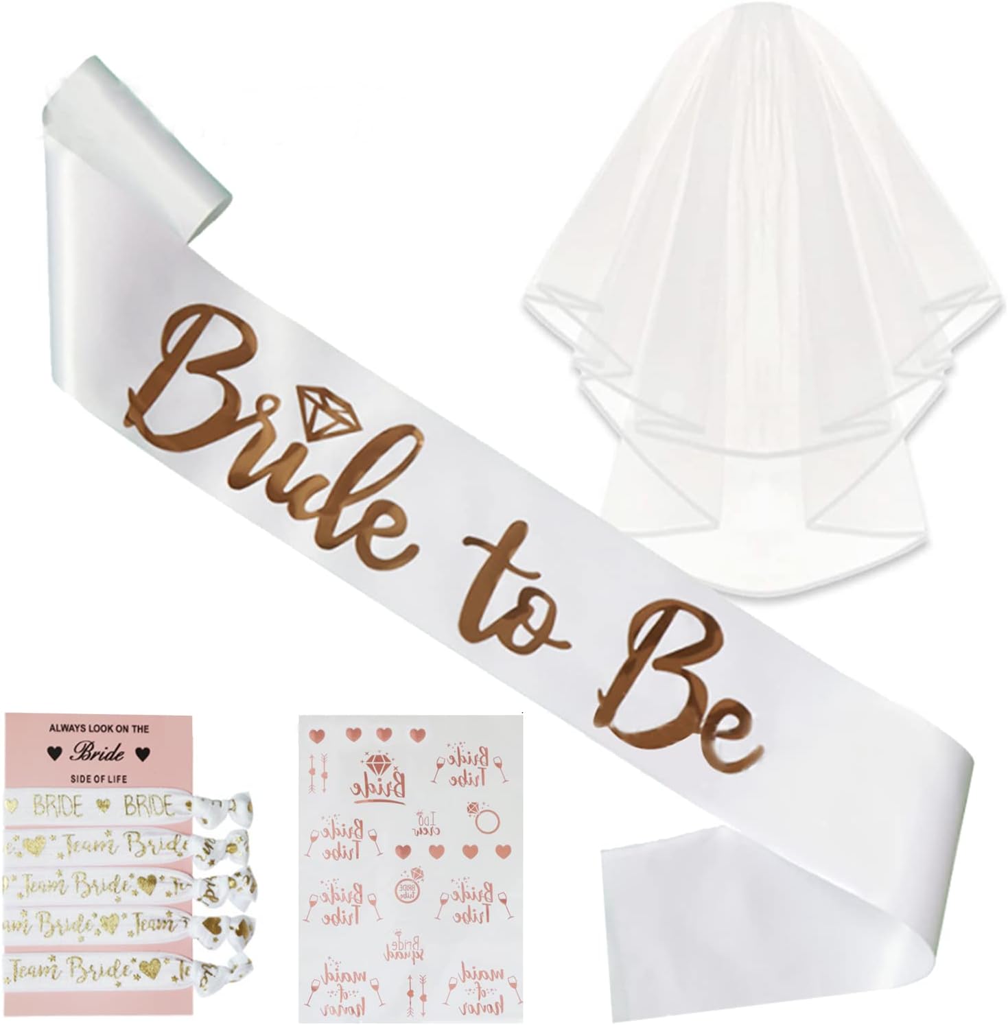 Beauenty Bride to Be Sash, Party Accessories Include Bride Headband Tiara, Veil with Comb, Sash, Tattoos, Bracelet,Bride to Be Gifts Decorations for Wedding, Bridal Shower