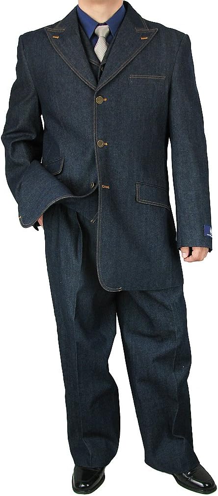 Sharp Men's 3-Piece 3-Button Wide-Leg Denim Suit - Navy 46R