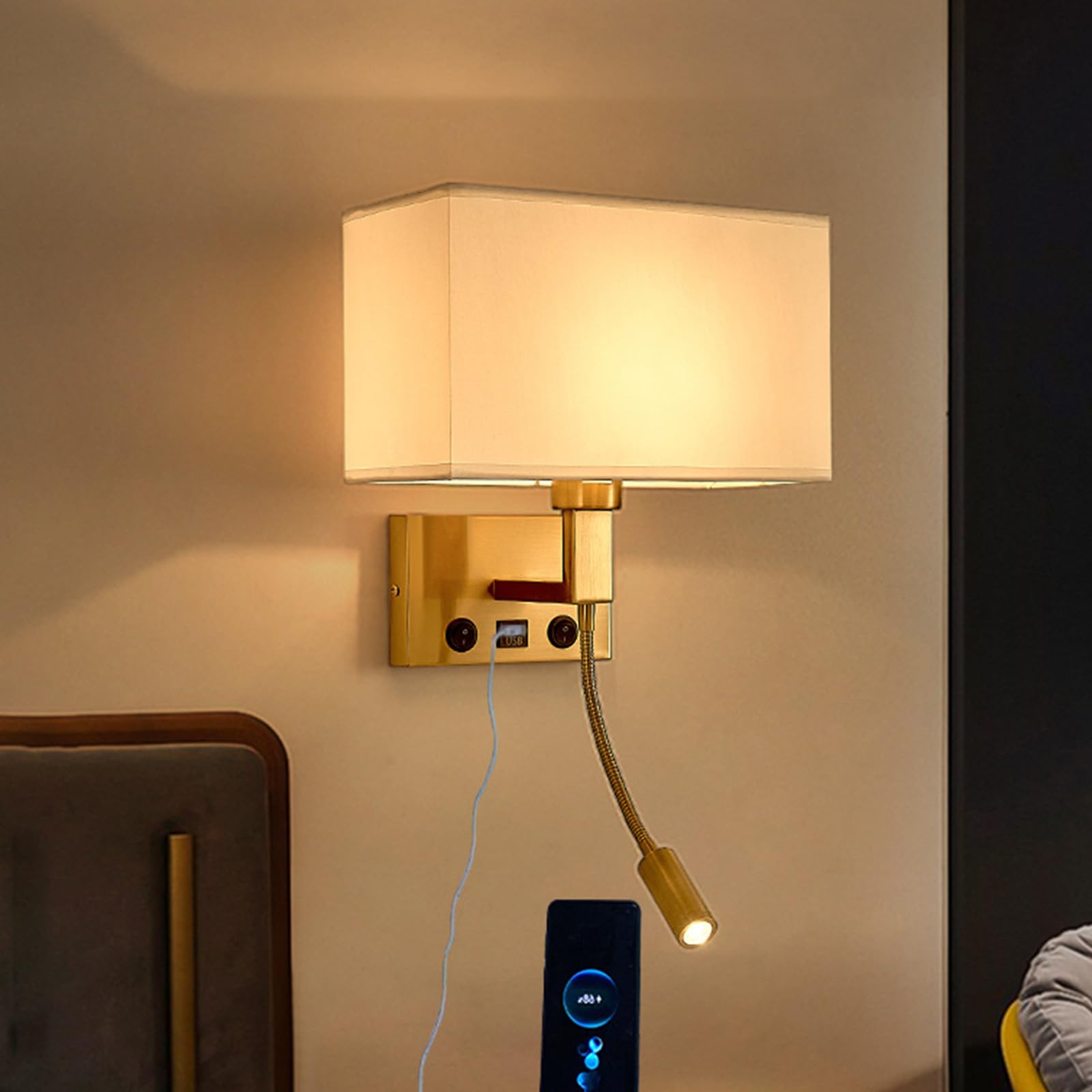 Vintage żelazne kinkiety ścienne LED do wnętrz z przełącznikiem USB port ładowania lampa ścienna kreatywny klosz z tkaniny dekoracja szafki nocnej do czytania w salonie