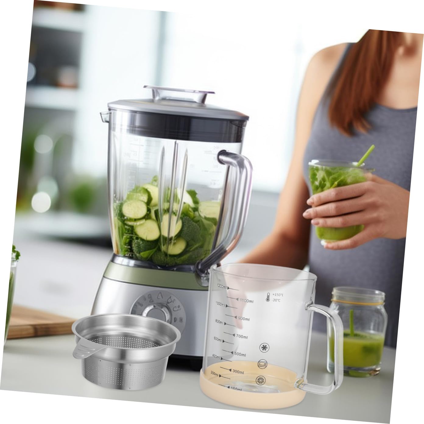 Alipis Fettabscheider Küchenfettsieb 1200ml aus Glas und Edelstahl zur Fetttrennung und Ölaufbewahrung mit Feinem Sieb für Küche und Sojamilchfilter