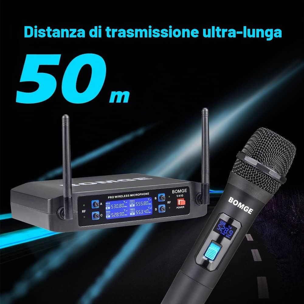 BOMGE Sistema microfonico senza fili, professionale a 4 canali, set con quattro microfoni portatili, frequenza fissa, lungo raggio di 61 m, ideale per chiesa, karaoke, eventi (V410)