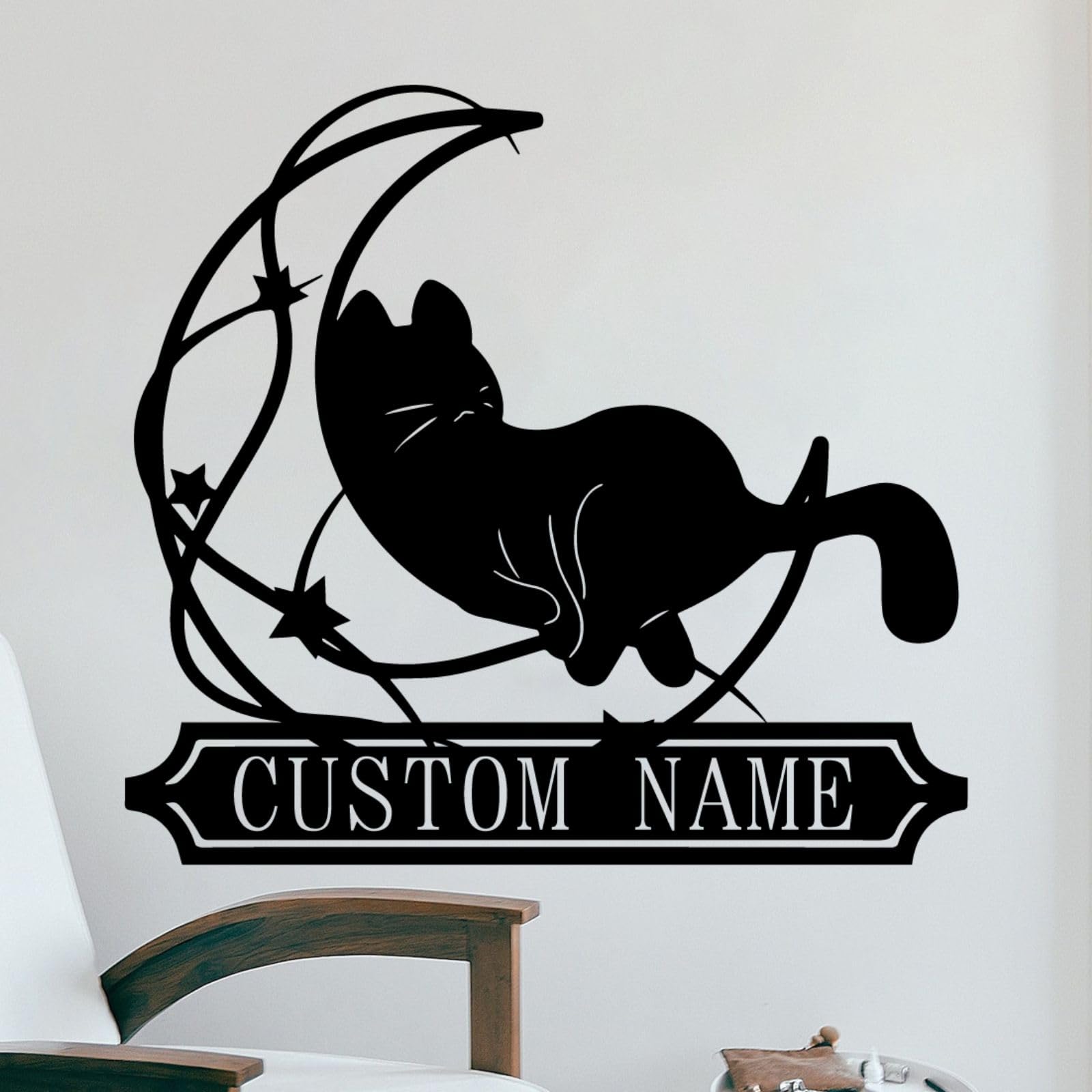 BEVUVA Custom Moon Cat Metal Wall Art, Personalized Cat Name Sign Decoration For Room, Cat Metal Home Decor, Custom Cat, Moon Cat Metal Wall Decor (Style B)