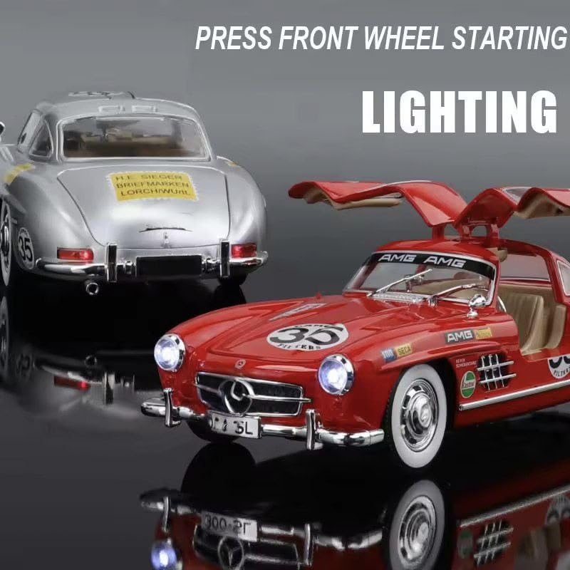 Image of 1:24 Scale MER-CEDES Ben-Z 300SL Die-Cast Metal Car with Sport car Openable Doors Light and Sound,Pull Back Function Indoor Outdoor Toy for Kids (Silver-Printed)