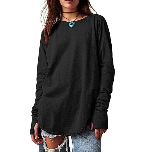 ELGOGY Women's Oversized Long Sleeve Shirts Casual Crewneck Workout Tunic Tops Loose Slouchy Tee with Thumb Holes Black L