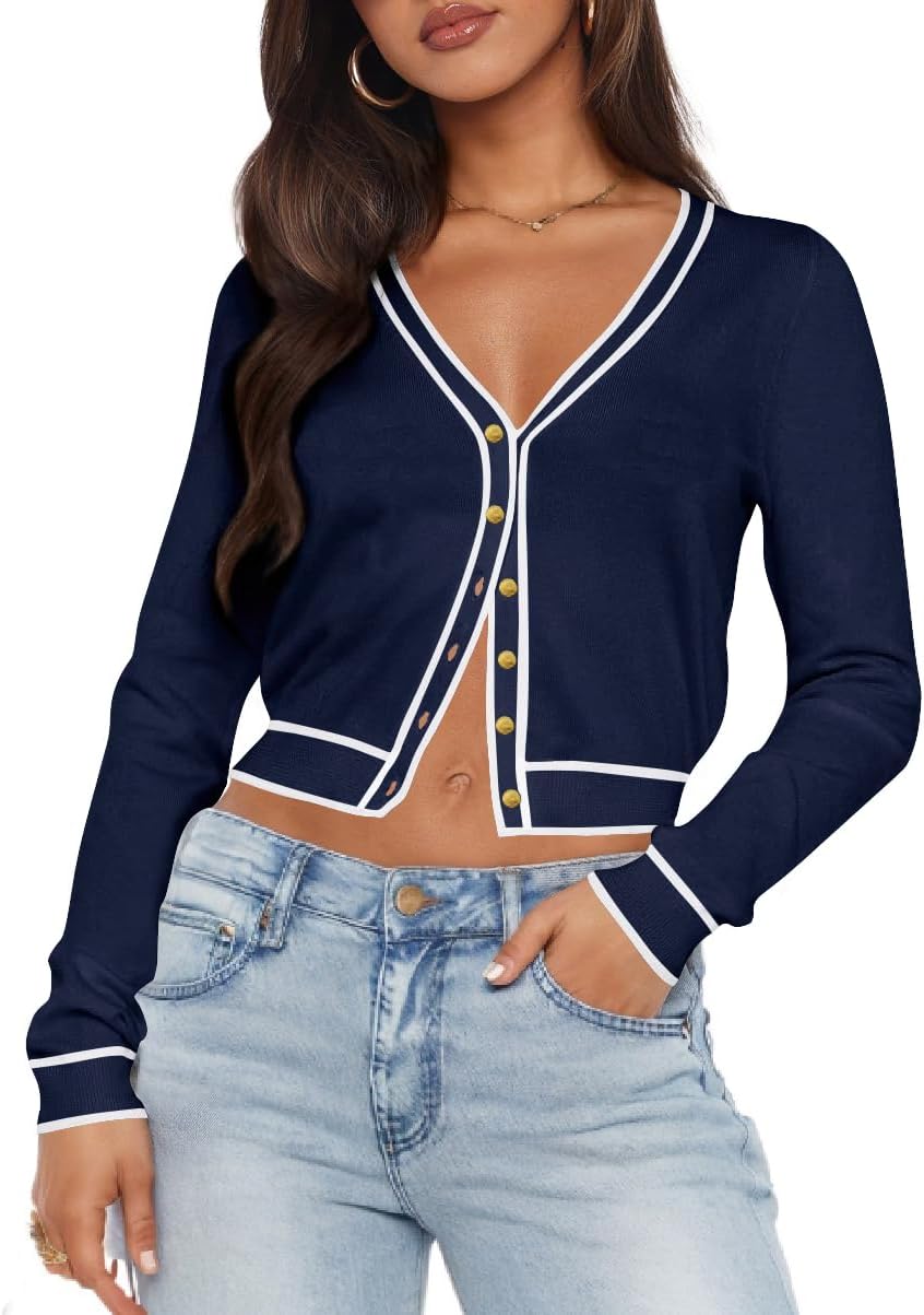 Ezbelle Cardigan Sweater Women's V Neck Tops Knit Crop Button Shirt Puff Sleeve Open Front Summer Sweaters