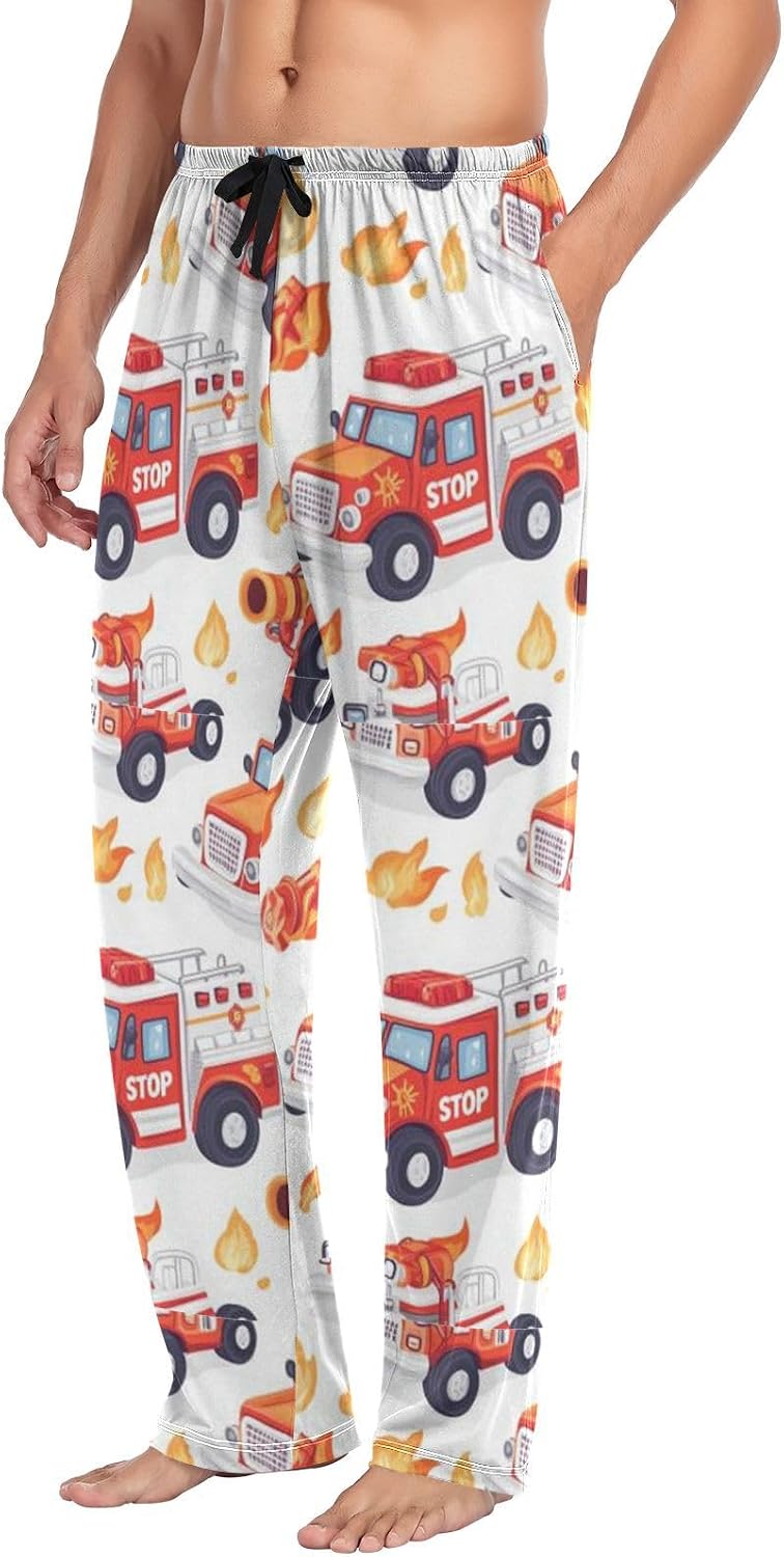 Cartoon Red Fire Truck Pajama Pants Flash Light Men's Pajama Bottoms Lounge Sleepwear PJs Casual Lightweight Sleep Pants M
