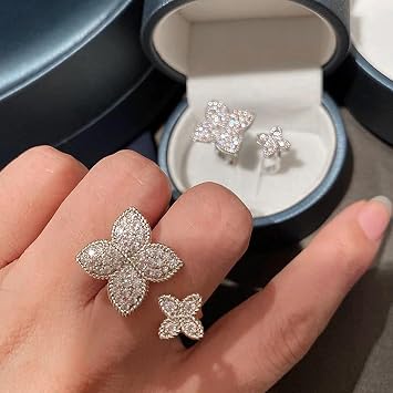 Metmejiao CZ Rings Open Adjustable Four Leaf Clover Flower White CZ Flower Lucky Four Leaf Clover Inset Ring Set for Women Teen 925 Sterling Silver Cubic Zirconia