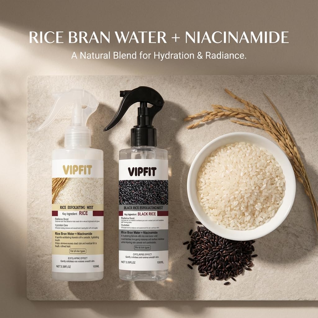 Rice Exfoliating Mist Set for Face & Body – Black Rice Exfoliant & Rice Exfoliator for Face Duo, Gentle Hydrating Skin-Smoothing Sprays with Niacinamide & Hyaluronic Acid, 2 × 100ml / 3.4 fl.oz