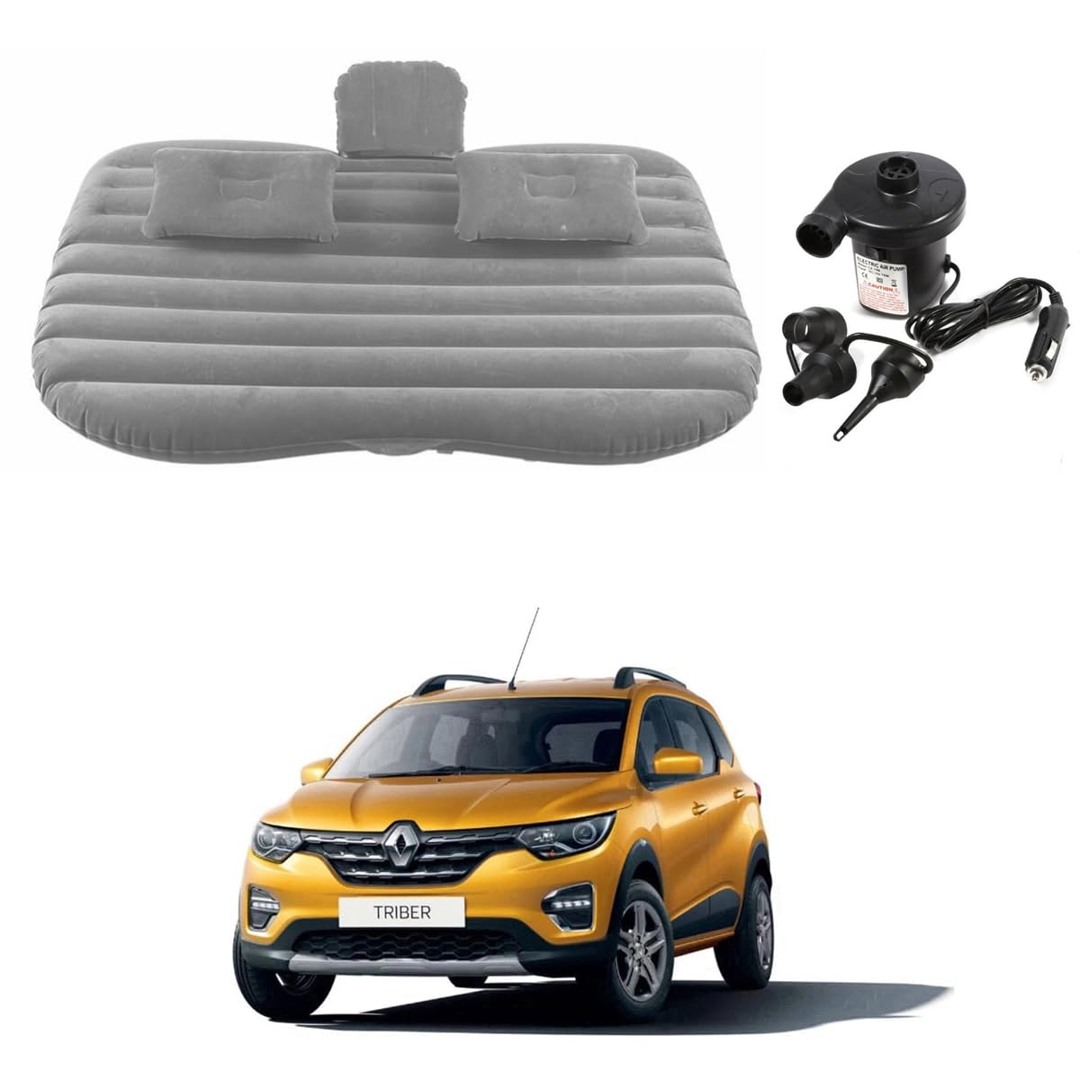Oshotto Multifunctional Car Travel Bed Mattress with Two Air Pillows, Car Air Pump Compatible with Renault Triber (Grey)-image-41