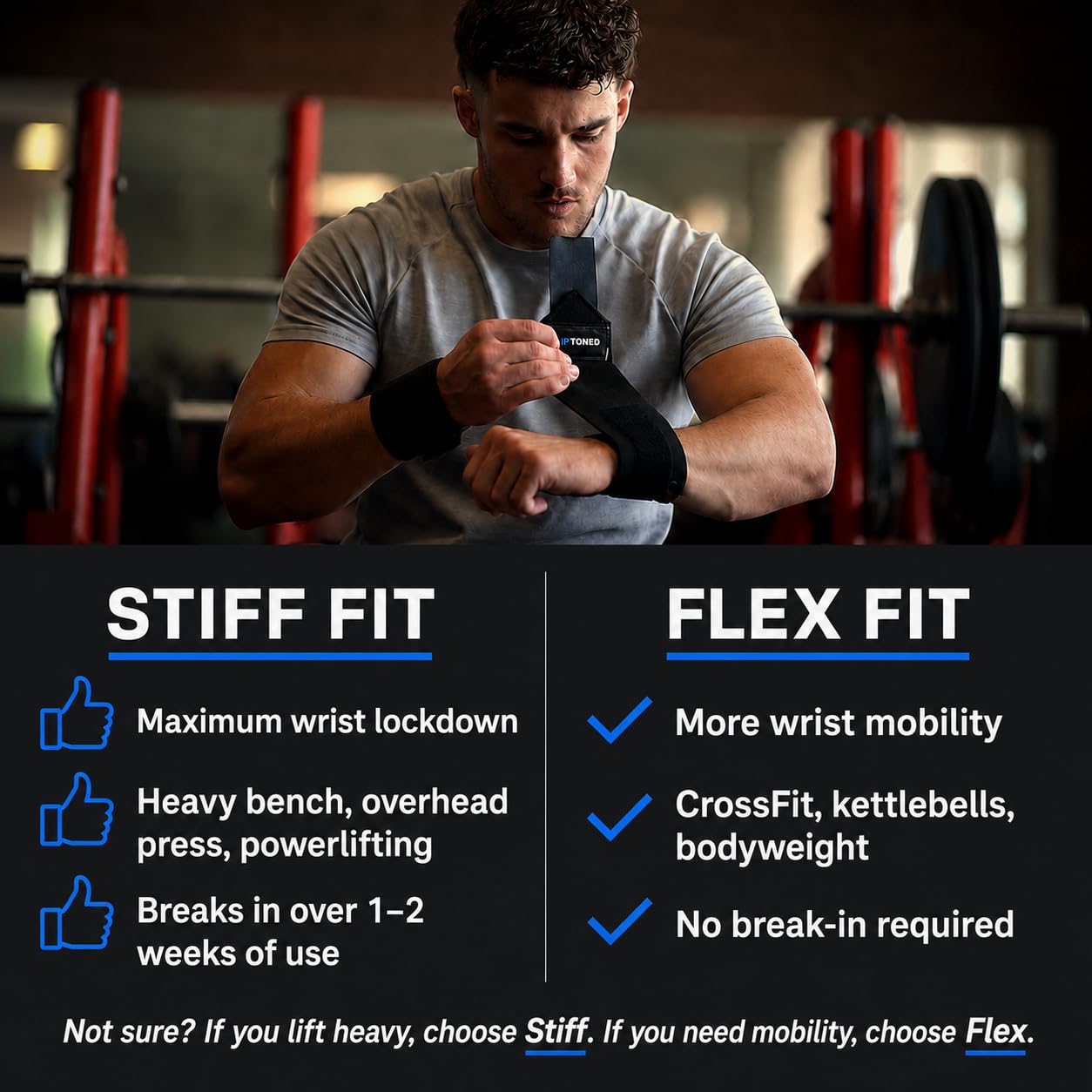 Rip Toned Bandages de Poignet de 45,7 cm de qualité Professionnelle avec Boucles de Pouce – Support de Poignet pour Homme et Femme – haltérophilie, Xfit, dynamophilie, Musculation – Ebook Bonus