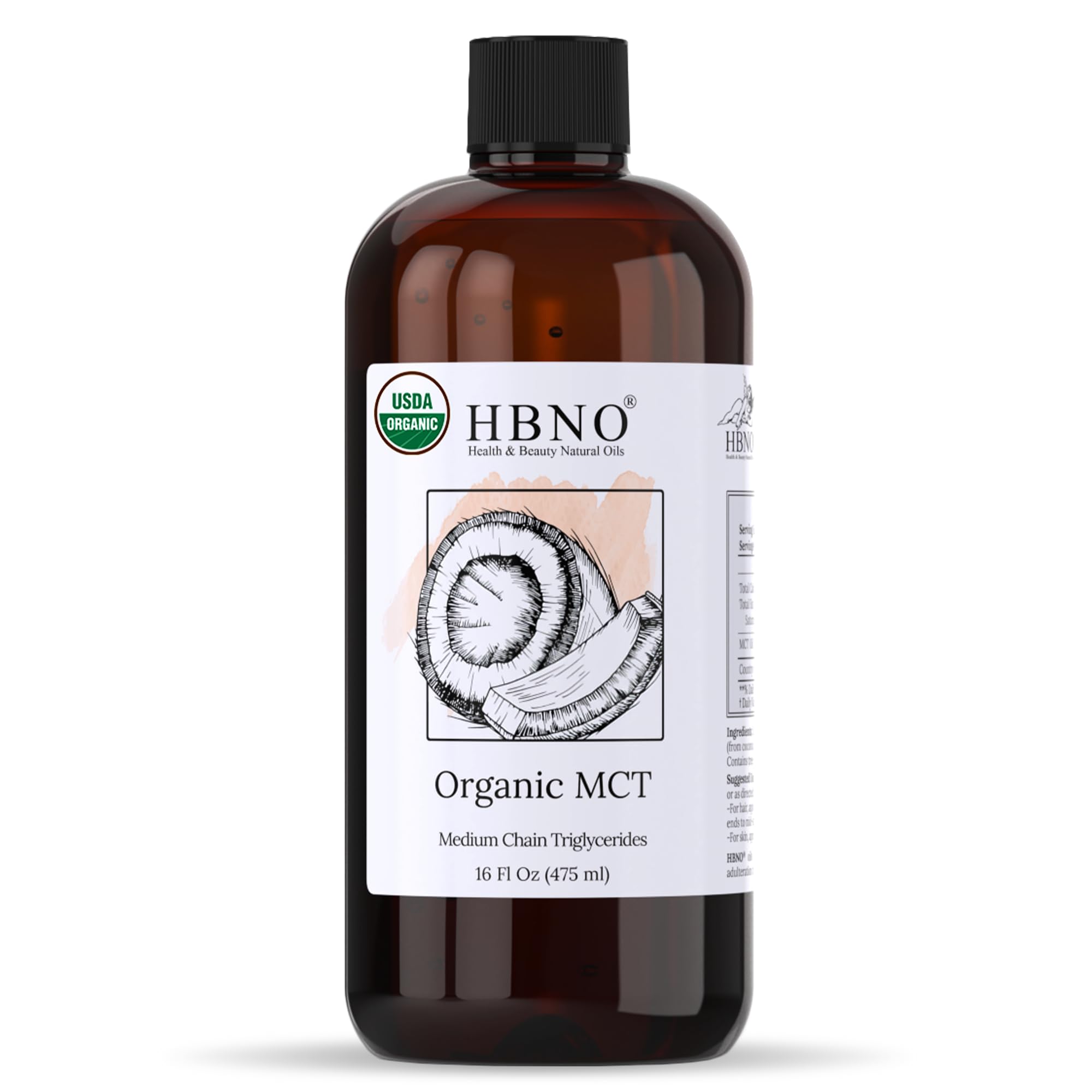 HBNO MCT Oil 16 oz (475ml) Value Size - Ideal for Salad dressings, Lip balms, Face wash, Lotions, Skincare, and hair care products.USDA OrganicCompact by Design (Amazon-developed Certification)