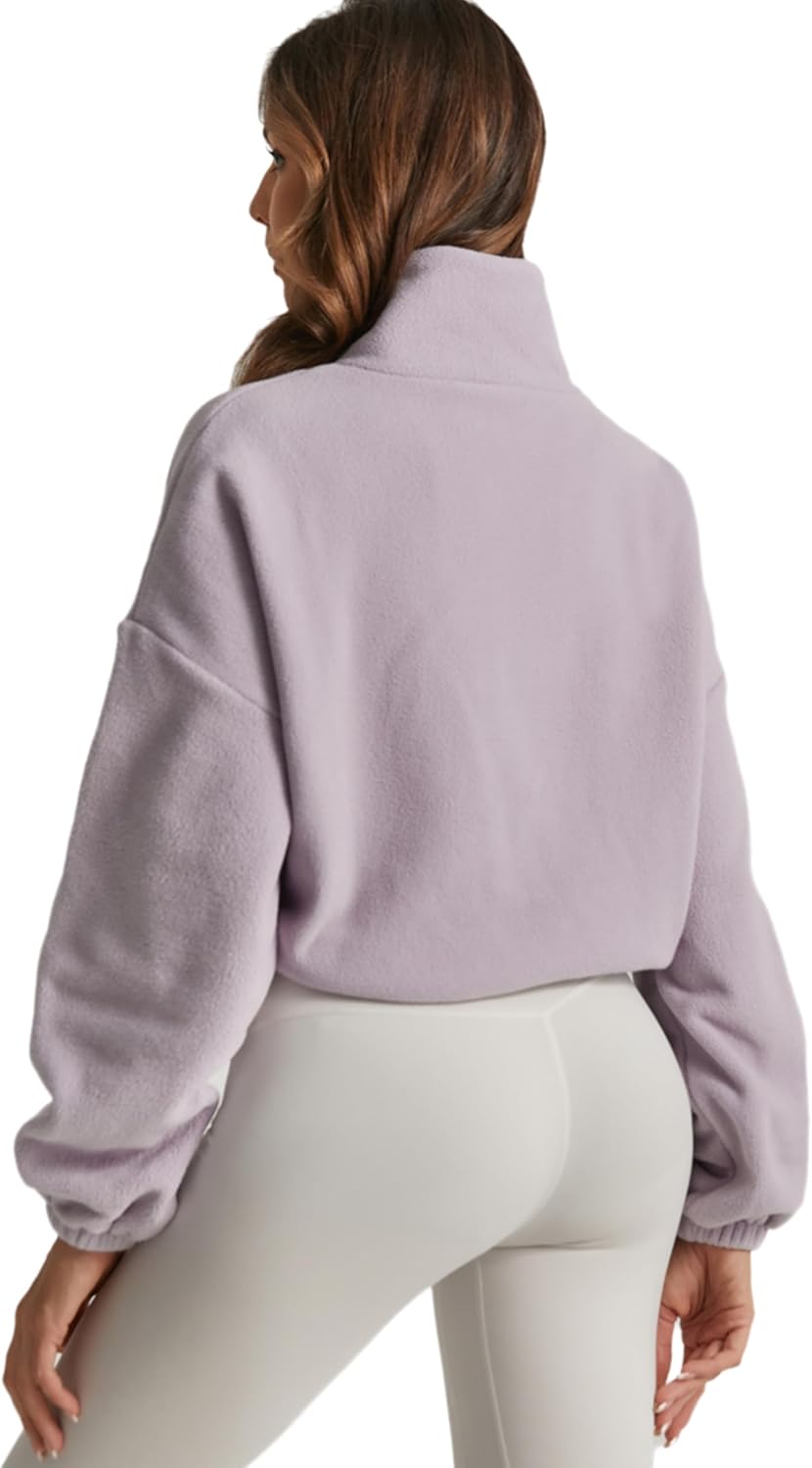 Women's Cropped Sherpa Jacket Full Zip Cozy Fleece Coat with Stand Collar & Side Pockets