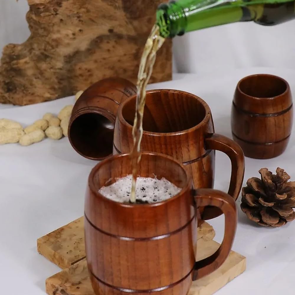 Holzbecher- und Tassen-Set, handgefertigt, rustikal, Bierkrug für Kaffee, Tee, Wein, Milch, 2-teilige Naturholz-Trinkgeschirr-Kollektion