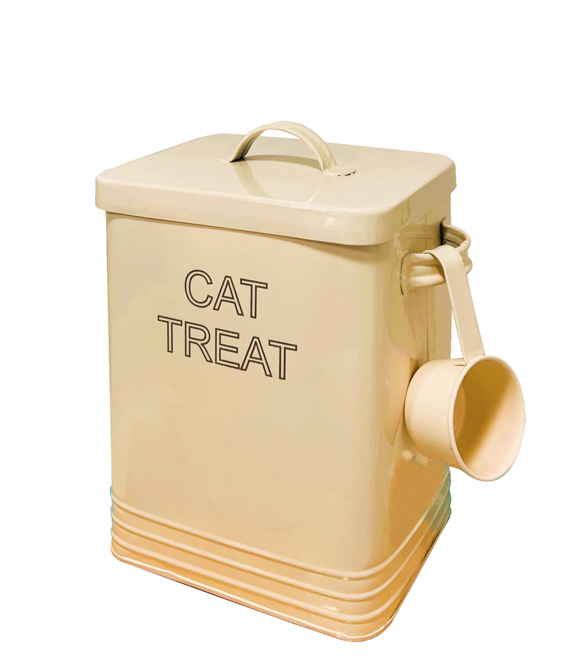 Nobel Cat Food or Cat Treat Storage Tin with Lid with Scoop Non Slip Pads (CAT TREAT, Cream)