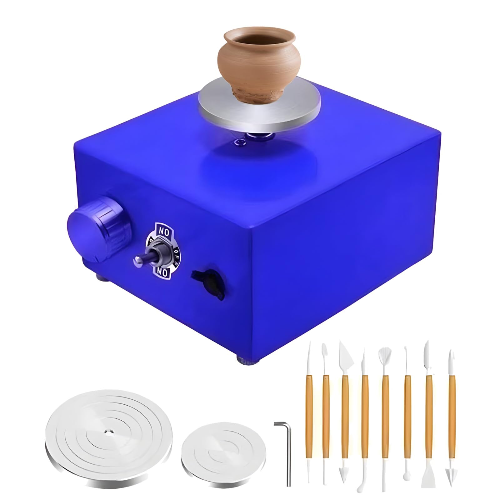 Elektryczne Koło Garncarskie, Mini Koło Garncarskie z 2 Płytami Obrotowymi, Elektryczna Maszyna Ceramiczna o Regulowanej Prędkości z 8 Narzędziami do Gliny (Blue)
