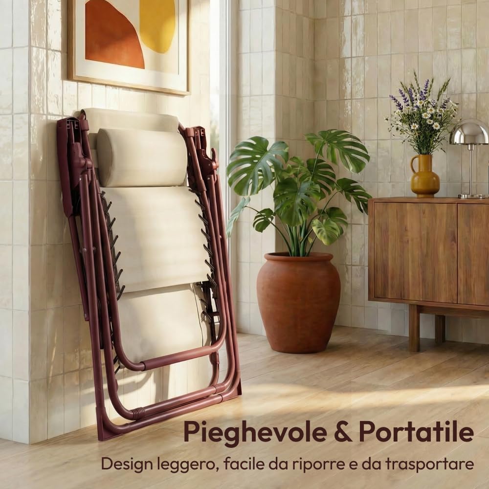 CASABEL Poltrona Relax Gravità Zero Pieghevole con Cuscino, 2 Poltrone Reclinabili Regolabili per Giardino, Balcone o Campeggio con Struttura Acciaio e Tessuto Textilene resistente, Terracotta