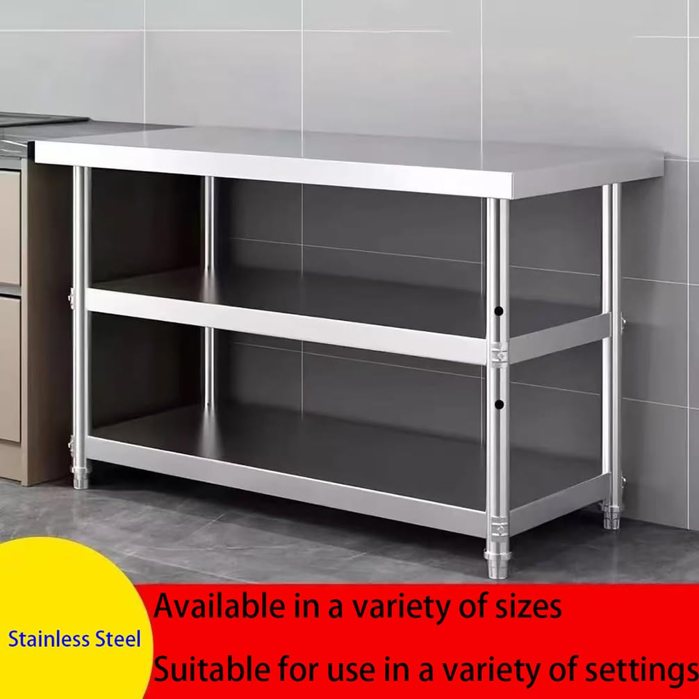 Mesa De Preparación De Acero Inoxidable De 180Cm con Patas Y Estantes Ajustables Estación De Trabajo De Cocina Tres Niveles Bancada Profesional para Talleres,Plata,L150*H80*W50