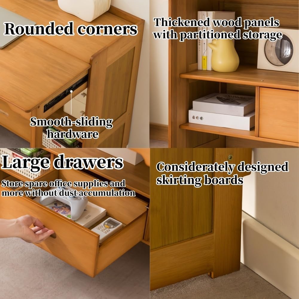 Multifunctional Folding Desk with Storage, Solid Wood Study Table for Small Spaces, Bedroom & Home Office Computer Workstation(Brown,77cm) Brown 77cm