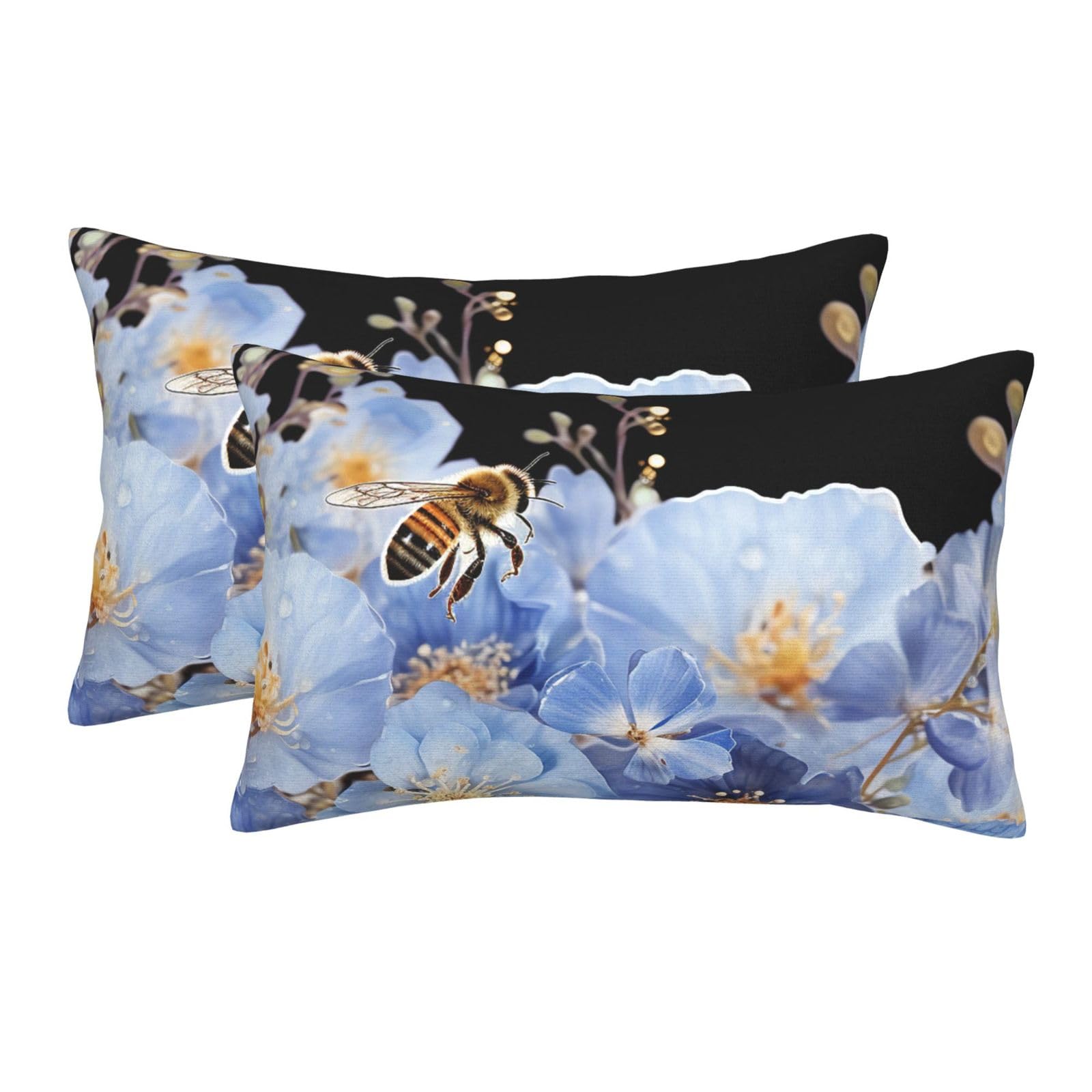 2 Pack Standard Size Pillow Cases for Hair and Skin Soft Breathable Pillow Case Covers with Hidden Zipper Blue Flowers and Bees Pillowcase 20"x30" Pillow Cover for Sleeping Gift