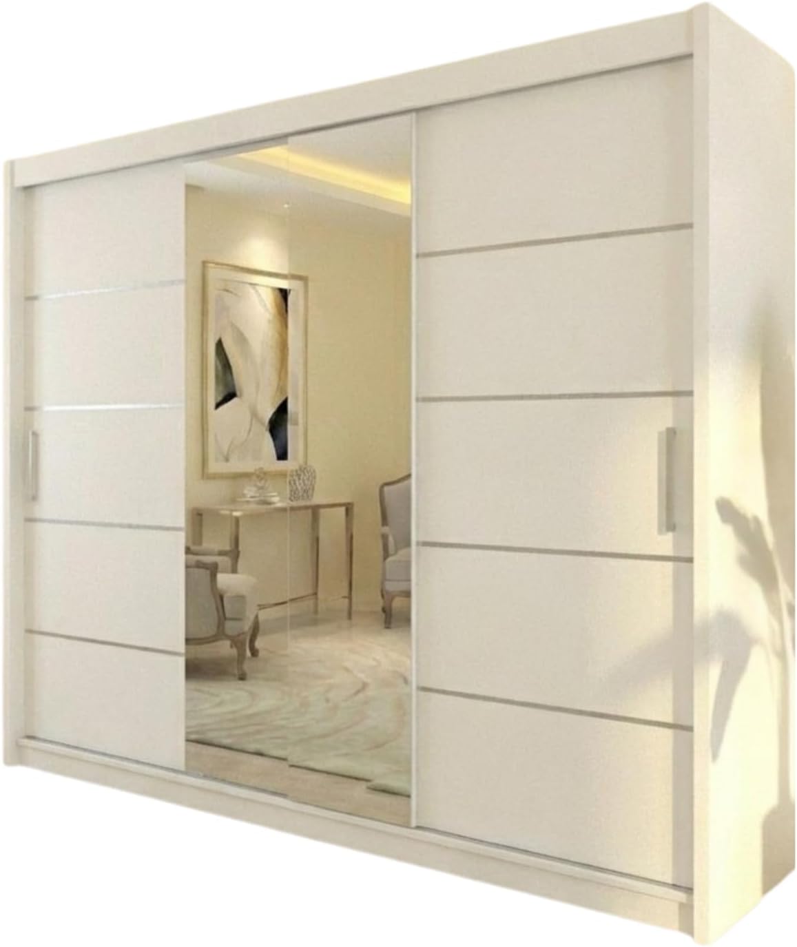 INTERWOOD Matt Finish Sliding Door Wardrobe – 2 Doors Wardrobe with Mirror, Hanging Rail, Adjustable Shelves and Chrome Handles | Strong MDF Wardrobe for Home Office, Bedroom Furniture 203cm(white)