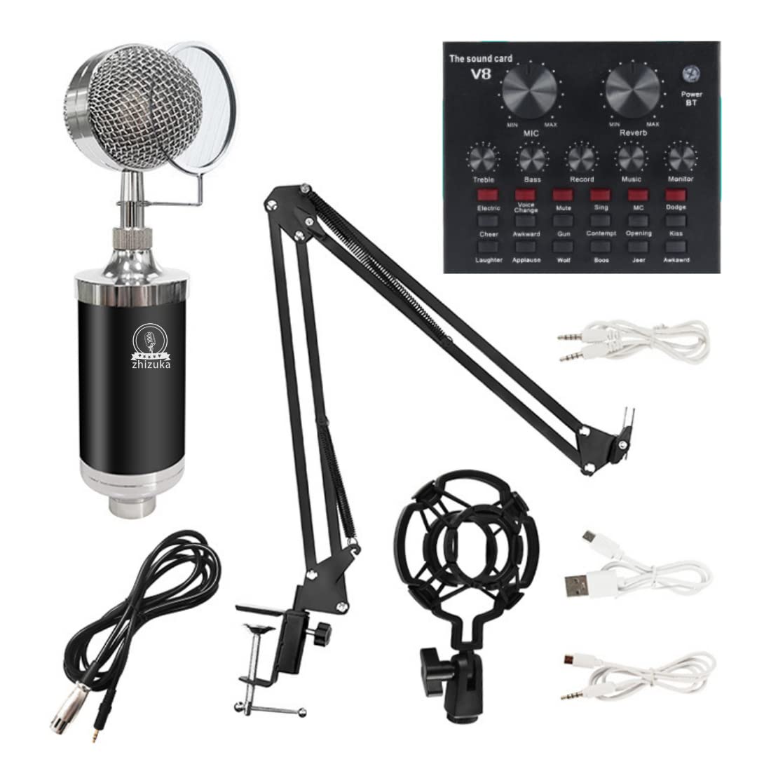 ZHIZUKA BM3000 Condenser Microphone Set + V8 Sound Card Mixer Amplifier Voice Changer Audio Interface | Singing Smule Live Streaming Podcast Broadcasting Gaming YouTube Recording and Vlogging. (Black)