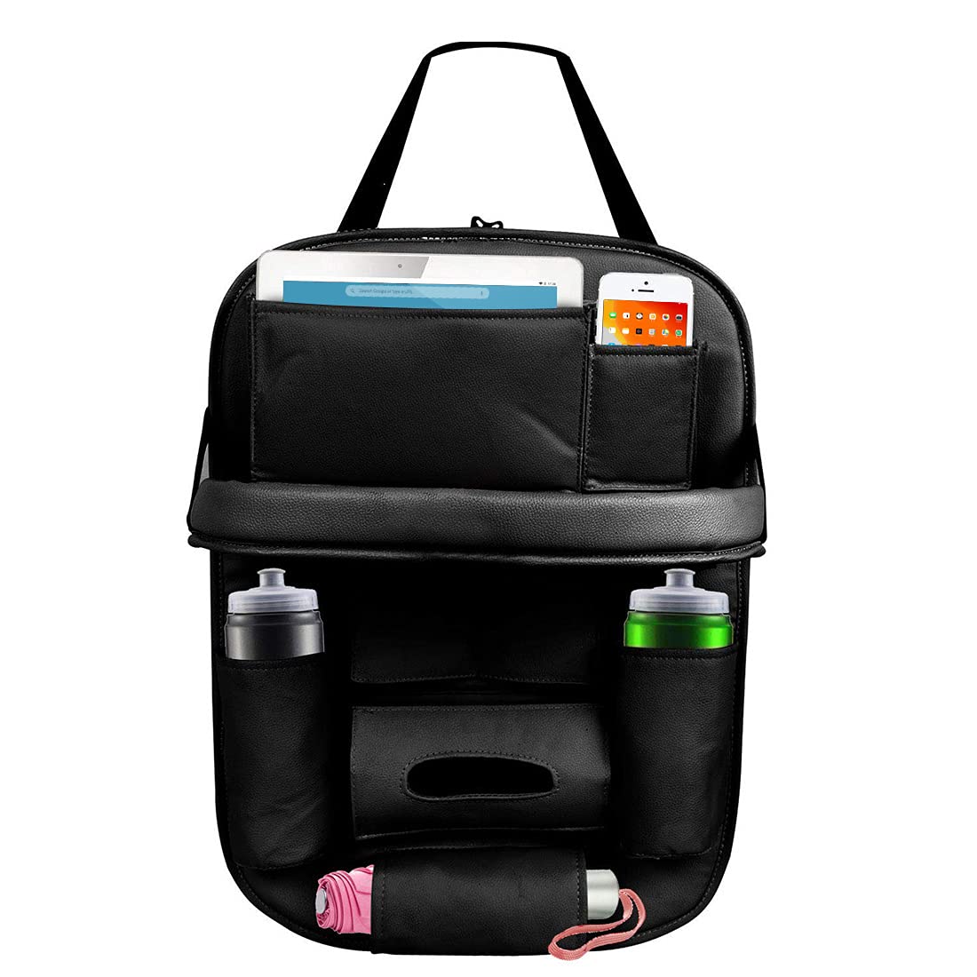 Devogue Car Backseat PU Leather Car Storage Organizer with Foldable Table Tray Car Seat Back Tablet, Mobile, Bottle, Tissue Box and Umbrella Holder (Black - Pack of 1)