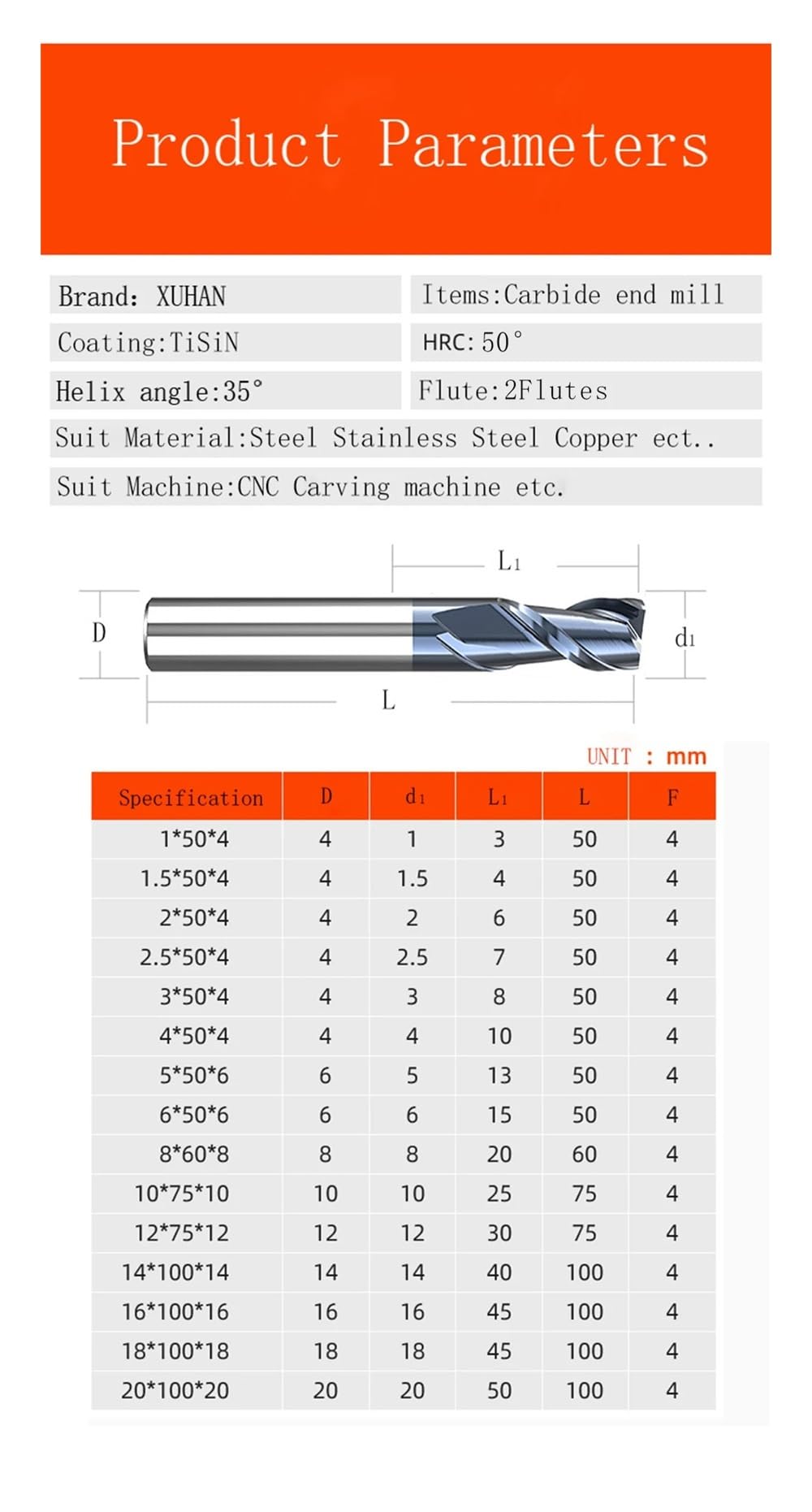 1 Uds HRC50 2 fresa de extremo carburo flauta fresado aleación cortador acero tungsteno fresas herramientas corte(12X12DX75L-2F)