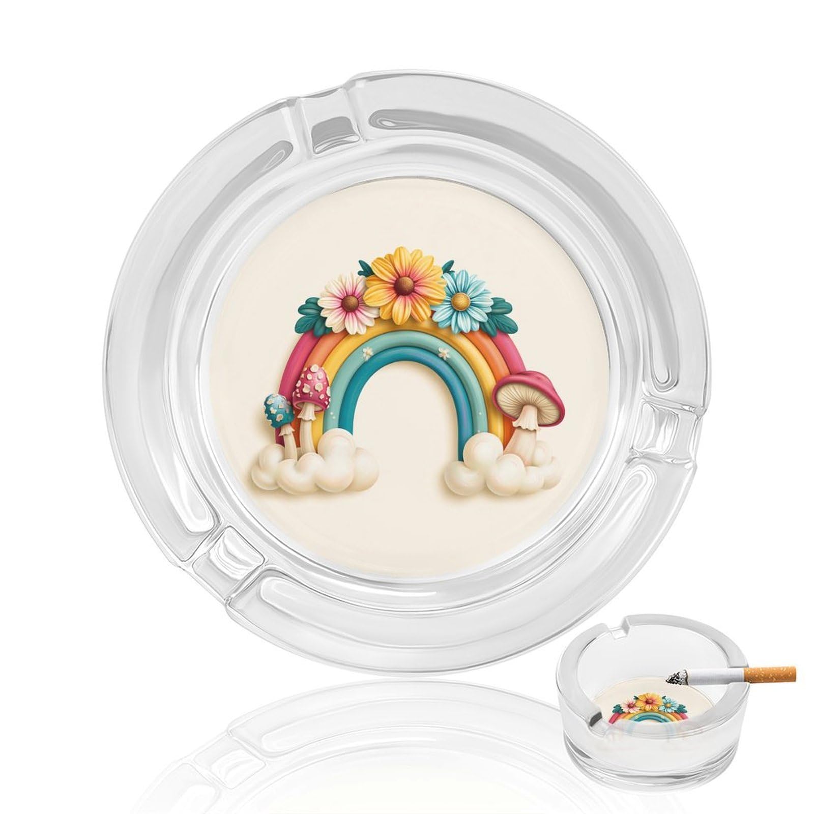 Retro Rainbow with Daisies And Mushrooms Glass Ashtray for Cigarettes Portable Decorative Ash Trays for Home Office Decor