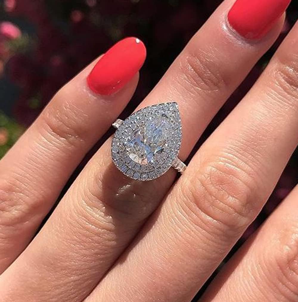 White Gold Plated Sterling Silver Teardrop Halo Pear Cut Cubic Zirconia CZ Crystal Engagement Wedding Ring for Women