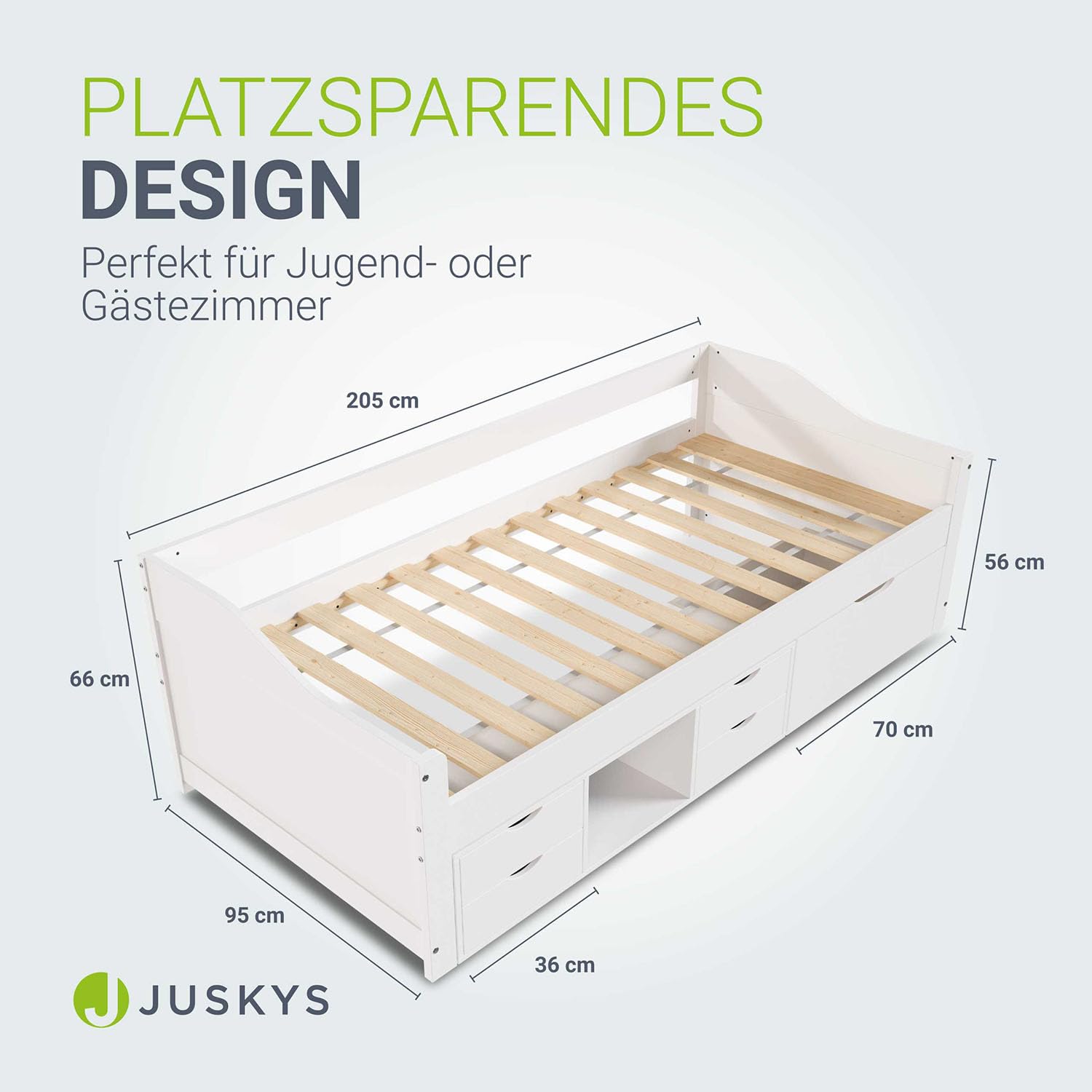 Juskys Funktionsbett Nalu 90x200 cm - Holz Bett mit Lattenrost & Schubladen - Stauraumbett für Kinder - Jugendbett, Kinderbett, Gästebett - Weiß