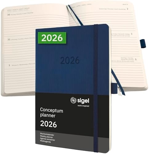 SIGEL C2632 Wochenplaner Wochenkalender 2026, ca. A5, dunkelblau, Softcover, 192 Seiten, Gummiband, Stiftschlaufe, Archivtasche, aus nachhaltigem Papier, Kalenderbuch Conceptum