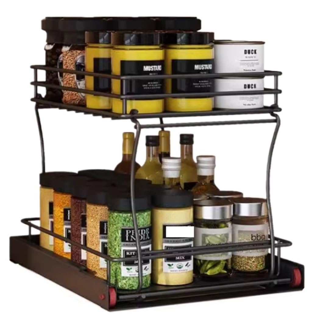 Seasoning Jars Rack Spice Rack Pull-Out Spice Rack Organizer For Cabinet Shelf 2-Tier Kitchen Spice Jars Rack Organization And Storage Tray Spice Organizer Spice Jars Rack
