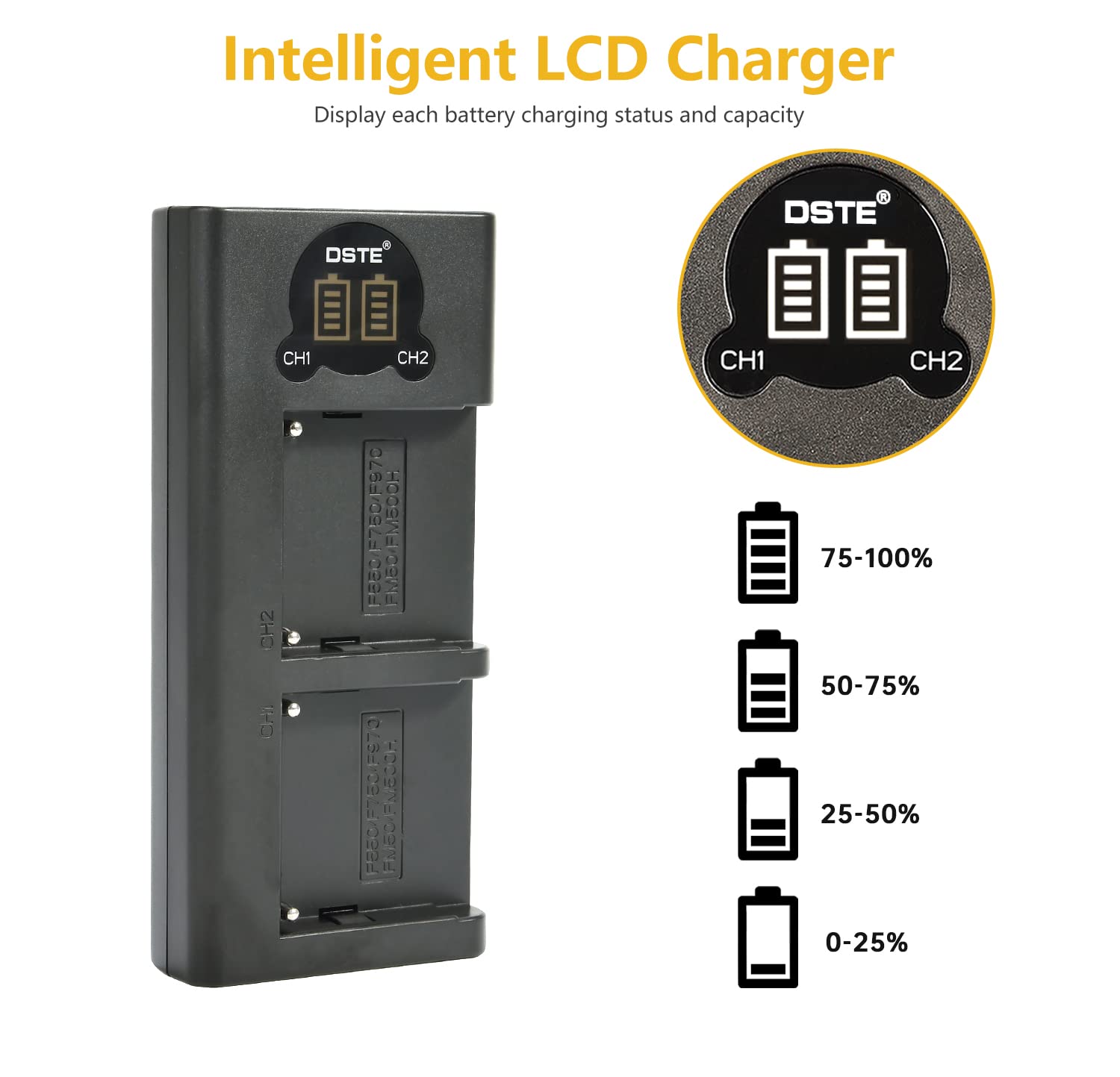 Batteria di ricambio (confezione da 2) e caricatore USB Dual LED Smart compatibile per Sony NP-F750 NP-F770 NP-F730