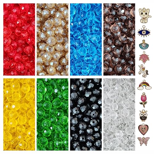 Image of 10 Pcs Charms + 320 Pcs Diamond Cut Glass Beads for Jewellery Making Kit - Glass Beads for Bracelet Making Kit - Bead Craft - 8 mm