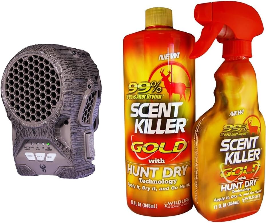 Wildgame Innovations WGIPG0001 Zerotrace Plasma Ion Field Generator, Tru Bark Camo & Wildlife Research Scent Killer Gold Spray Combo Pack, 44-Ounce