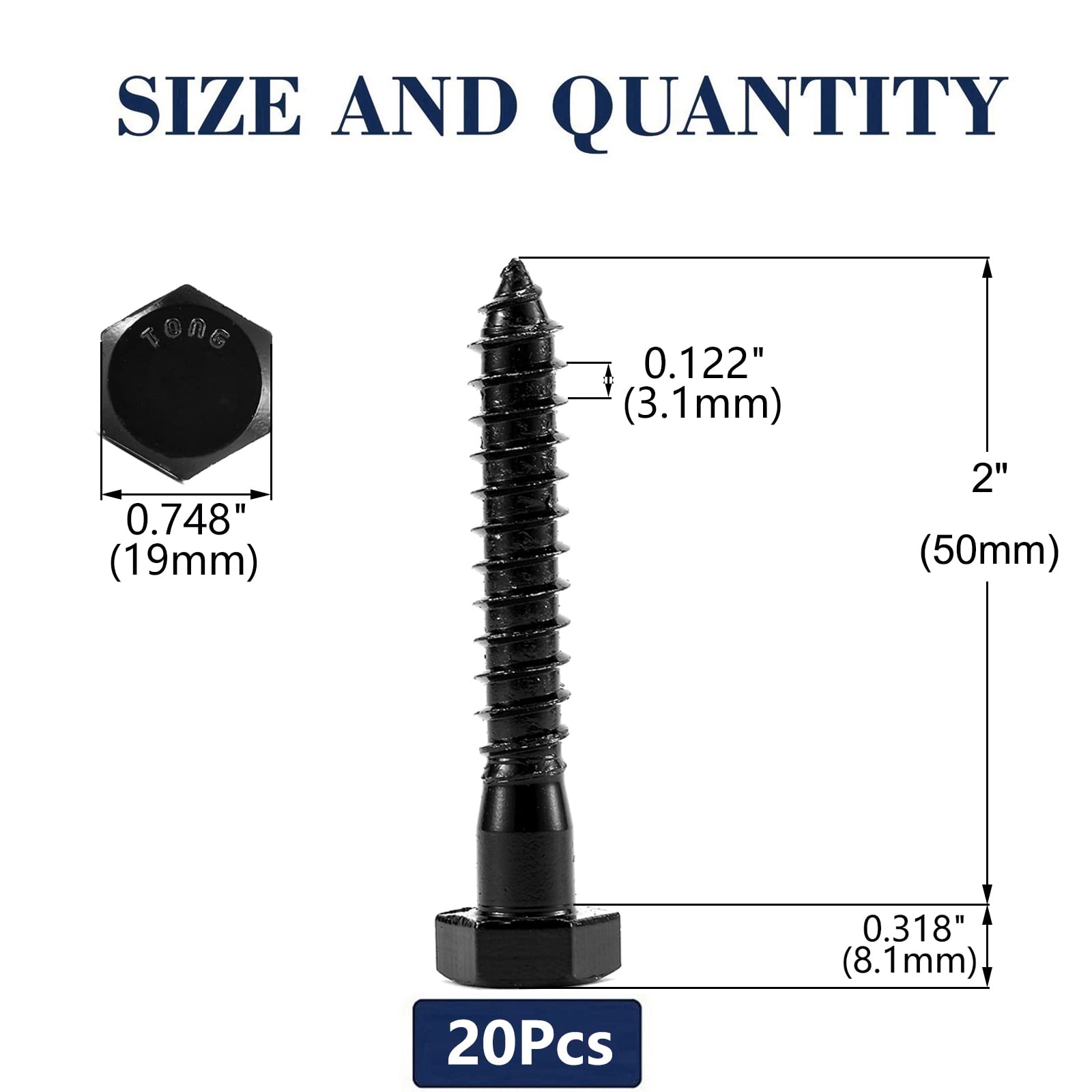Tornillos de cabeza hexagonal 1/2" x 2", 20 piezas acero inoxidable 304 18-8, rosca parcial, tornillos for madera Black Oxide(1/2" x 2")