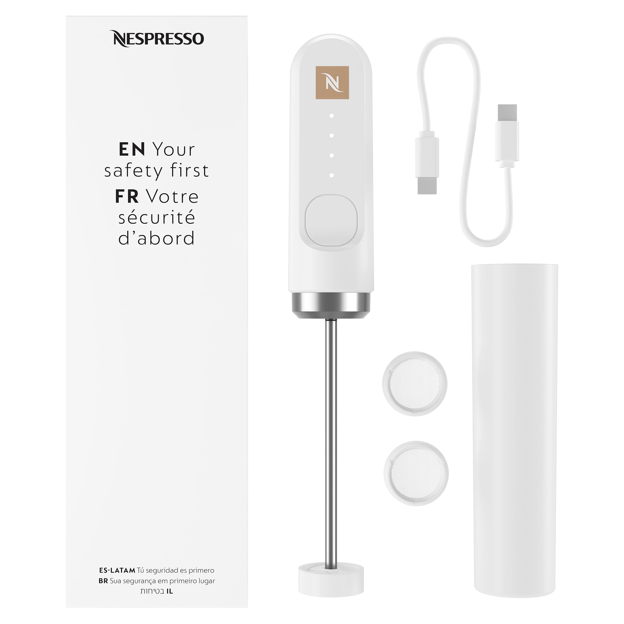 NESPRESSO NanoFoamer Stab-Milchaufschäumer Weiß | Wiederaufladbarer Stabmixer aus Edelstahl, USB‑C Akku & 2 Geschwindigkeitsstufen, für Latte, Cappuccino & Matcha