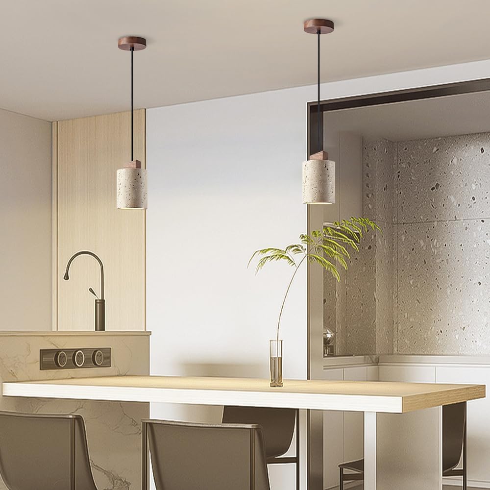 Nordic Wabi-Sabi Ceiling Light for Bedside, E27 Socket Cylindl Stchaner Farmhouse Travertine Droplight, Kitchen Island Dining Room Solid Wood Hanging Lamps (Brown)/Brown