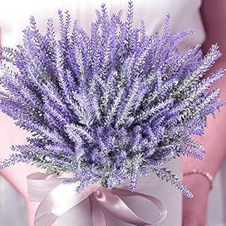 12 Bundles Artificial Flocked Lavender Bouquet in Purple Flowers Bridal Home DIY Floor Garden Office Wedding,Flowers Faux Plants for Outdoor Window Box Hanging Planter Home Porch Summer Decor (Purple)