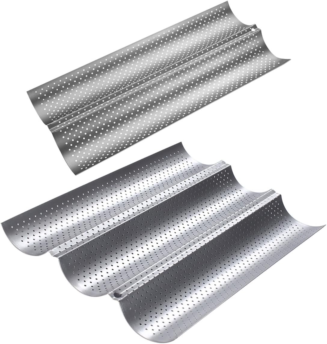 2pcs Silver Stainless Steel French Bread Baking Tray Set with Perforated Wave Loaf Mold, Non-Stick Toaster Pan for Oven Baking, Medium 3-Slot and Small 2-Slot Baguette Pans