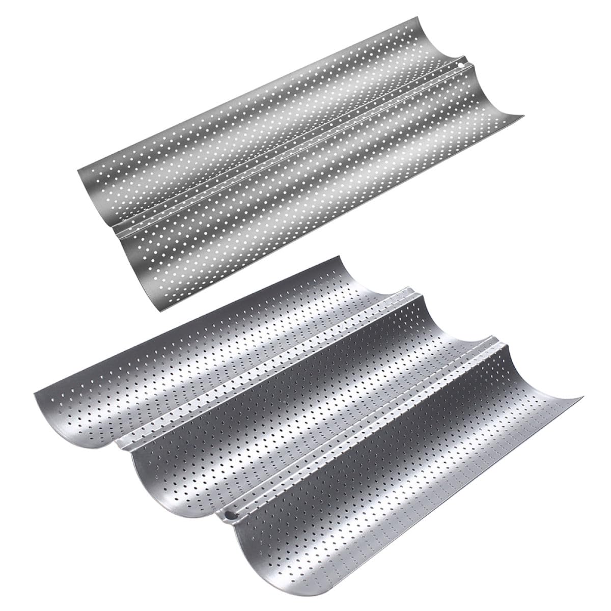 2pcs Silver Stainless Steel French Bread Baking Tray Set with Perforated Wave Loaf Mold, Non-Stick Toaster Pan for Oven Baking, Medium 3-Slot and Small 2-Slot Baguette Pans