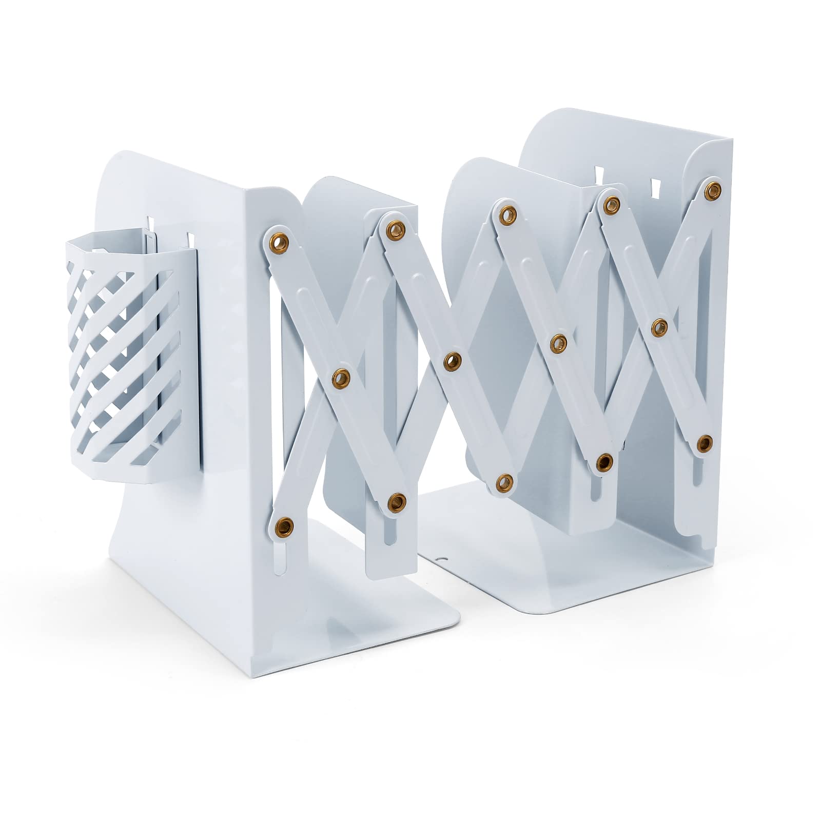 SubClap Adjustable Metal Bookends with Pen Stand Holder, Expandable Book Racks to Hold Heavy Book, Magazines, Telescopic Design Desktop & Bookshelf Organizer Book End for Home Office School, White