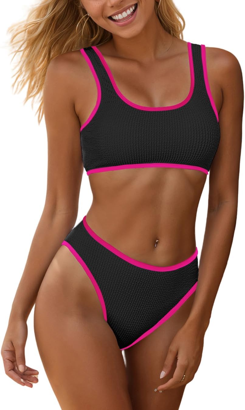 YIMISAN Women's Ribbed Two Piece Bikini Sets Wide Shoulder Strap Top Swimsuit with Mid Waist Cheeky Bathing Suit