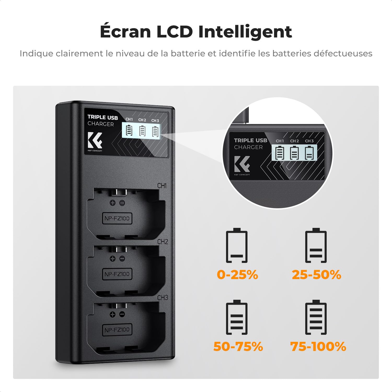 K&F CONCEPT NP-FZ100 Chargeur, 3 Slot Batterie Chargeur avec Écran LCD Compatibles avec Sony A7iii A7iv A7Rv A6700 A6600 A9 A1 FX3 FX30 ZV-E1 Caméras