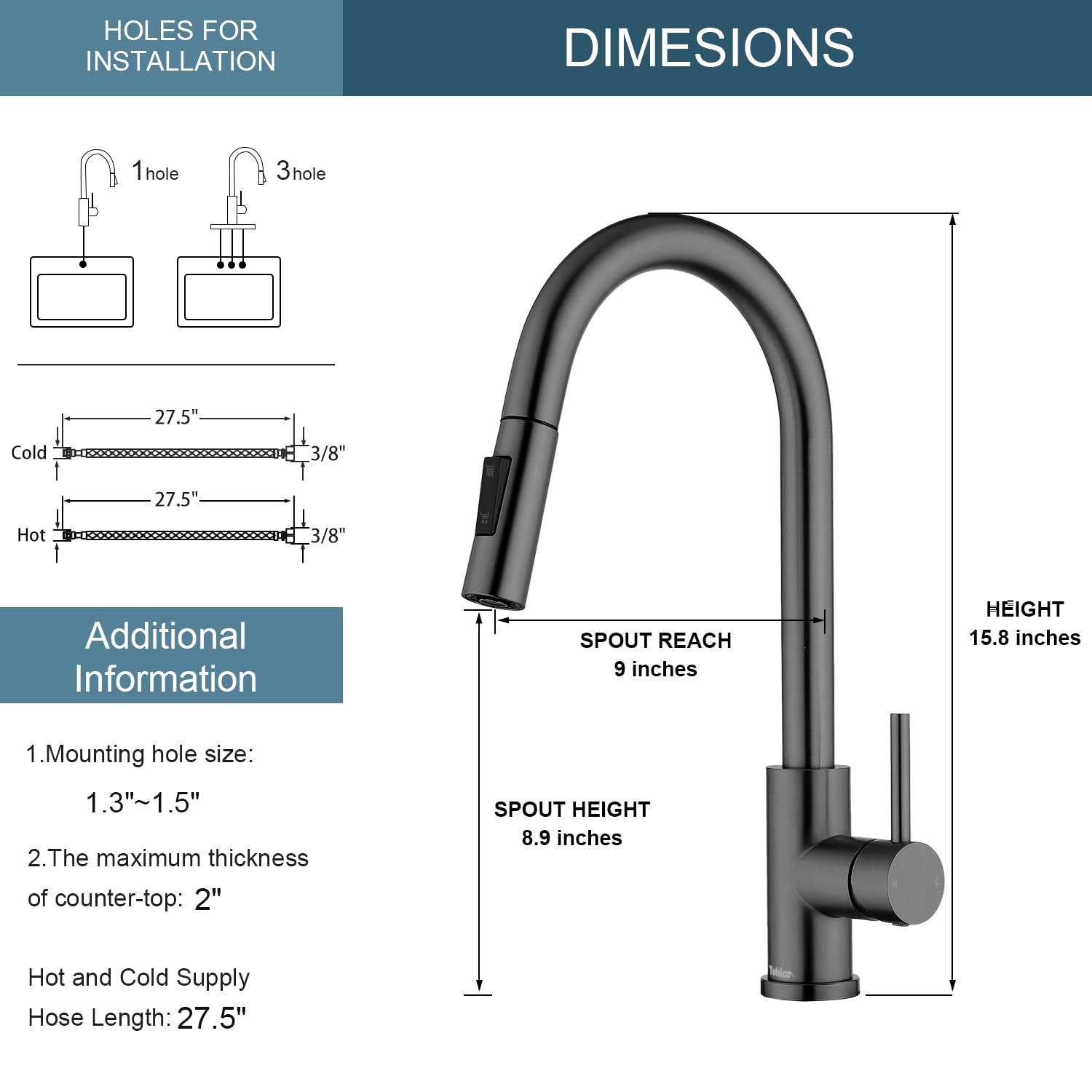 Tohlar Grifos de cocina grises con pulverizador extraíble, grifo de fregadero de cocina de una sola manija, color negro, moderno grifo de cocina de acero Staninless con placa de cubierta, gris