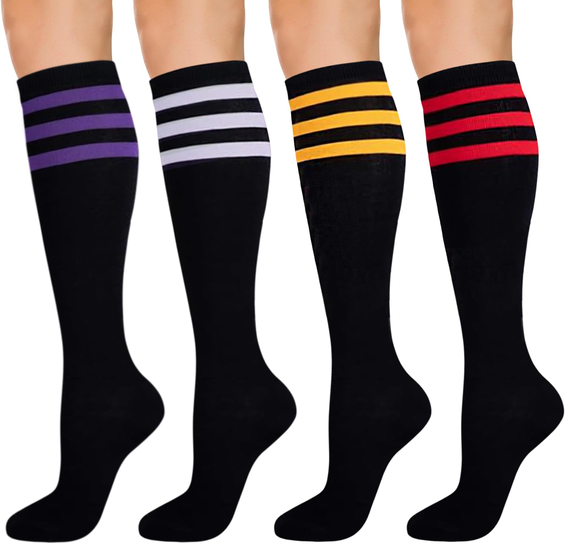 Women's Cotton Knee High Socks, 3 Pairs Solid & Striped Casual Dress Socks, Breathable, Moisture Wicking, Shoe Size 5-10
