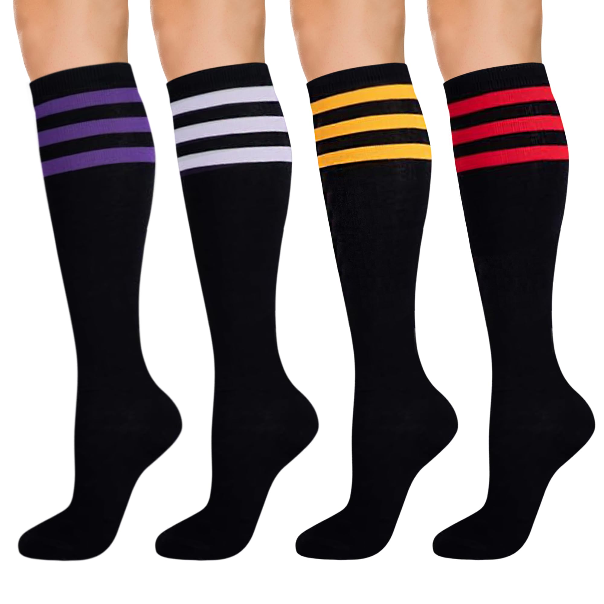 KONY Women's Cotton Knee High Socks - Casual Solid & Striped Colors Fashion Socks 3 Pairs (Women’s Shoe Size 5-9)